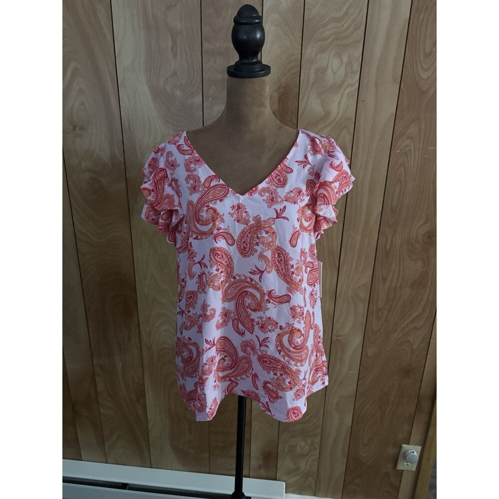 Chaus New York Womens Pink Orange Paisley V-Neck Ruffle Sleeve Blouse Size M NEW